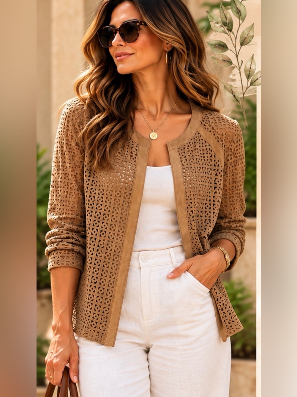 Dana Buchman Leather Perforated Jacket in Camel Brown Size Medium